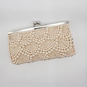 Elegant Beaded Faux Pearl Evening Clutch With Detactable Silver Chain Strap
